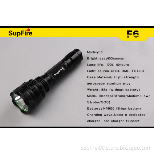 Rechargeable aluminum alloy super bright SupFire F6 LED police torch